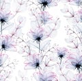 Seamless watercolor pattern with transparent rose flowers and eucalyptus leaves. x-ray. transparent roses of blue and pink color, Royalty Free Stock Photo