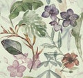 Seamless watercolor pattern with tropical flowers, magnolia, orange flower, vanilla orchid, tropical leaves, banana leaves Royalty Free Stock Photo