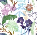 Seamless watercolor pattern with tropical flowers, magnolia, orange flower, vanilla orchid, tropical leaves, banana leaves Royalty Free Stock Photo