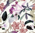 Seamless watercolor pattern with tropical flowers, magnolia, orange flower, vanilla orchid, tropical leaves, banana leaves Royalty Free Stock Photo