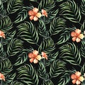 Seamless watercolor pattern of tropical leaves, aloha jungle decoration. Hand painted palm leaf. Texture with tropic Royalty Free Stock Photo