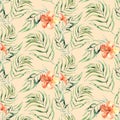 Seamless watercolor pattern of tropical leaves, aloha jungle decoration. Hand painted palm leaf. Texture with tropic Royalty Free Stock Photo