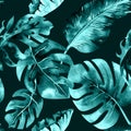 Seamless watercolor pattern of tropical leaves, dense jungle. Ha Royalty Free Stock Photo