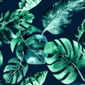 Seamless watercolor pattern of tropical leaves, dense jungle. Ha