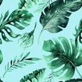 Seamless watercolor pattern of tropical leaves, dense jungle. Ha Royalty Free Stock Photo