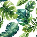 Seamless watercolor pattern of tropical leaves, dense jungle. Ha Royalty Free Stock Photo