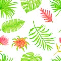 Seamless watercolor pattern of tropical monstera leaves, palm and flowers. Royalty Free Stock Photo