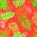 Seamless watercolor pattern of tropical monstera leaves, palm and flowers. Royalty Free Stock Photo