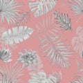 Seamless watercolor pattern of tropical monstera leaves, palm and flowers. Royalty Free Stock Photo