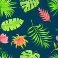 Seamless watercolor pattern of tropical monstera leaves, palm and flowers. Royalty Free Stock Photo