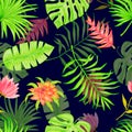 Seamless watercolor pattern of tropical monstera leaves, palm and flowers. Royalty Free Stock Photo