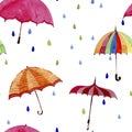 Seamless watercolor pattern. Umbrellas and rain drops on white background Royalty Free Stock Photo