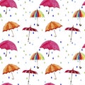 Seamless watercolor pattern. Umbrellas and rain drops on white background Royalty Free Stock Photo