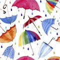 Seamless watercolor pattern. Umbrellas and rain drops on white background Royalty Free Stock Photo