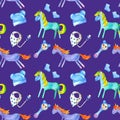 Seamless watercolor pattern unicorns, rattles, beanie, bib and socks for newborns on a purple lilac background, textiles