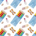 Seamless watercolor pattern with various artist tools, pencils box, eraser and pencil sharpener on a white background.