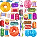 Seamless watercolor pattern of various sewing bobbins