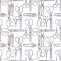 Seamless watercolor pattern of various sewing scissors.