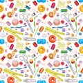 Seamless watercolor pattern of various sewing tools. Sewing kit