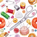 Seamless watercolor pattern of various sewing tools. Sewing kit