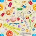 Seamless watercolor pattern of various sewing tools. Sewing kit