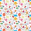 Seamless watercolor pattern of various sewing tools. Sewing kit