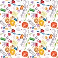 Seamless watercolor pattern of various sewing tools. Sewing kit