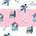 Seamless watercolor pattern with various types of mailboxes and envelopes on white and pink spriped background Royalty Free Stock Photo