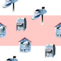 Seamless watercolor pattern with various types of mailboxes on white and pink spriped background Royalty Free Stock Photo
