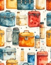 Seamless Watercolor Pattern of Vintage Lunch Boxes and Thermoses Royalty Free Stock Photo