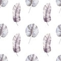 Seamless watercolor pattern with violet tropical leaves, branches. Hand painted tropical background Royalty Free Stock Photo