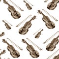 Seamless watercolor pattern with violin on the white background. Royalty Free Stock Photo