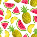 Seamless watercolor pattern with watermelon and pineapple isolated on white background. Hand drawn fruits and slices for food Royalty Free Stock Photo