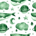 A seamless watercolor pattern with whales, stars, planets, and the moon.