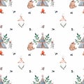 seamless watercolor pattern wigwam and forest dwellers. bear rabbit birdie by the fire. cute story for printing on