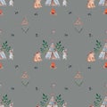 seamless watercolor pattern wigwam and forest dwellers. bear rabbit birdie by the fire. cute story for printing on