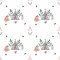 seamless watercolor pattern wigwam and forest dwellers. bear rabbit birdie by the fire. cute story for printing on