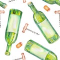 A seamless watercolor pattern with the wine elements: wine bottles, wine corks and a corkscrew. Royalty Free Stock Photo