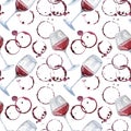 seamless watercolor pattern with wine glasses and round red wine stains, splashes Royalty Free Stock Photo