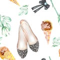 A seamless watercolor pattern with the women's romantic elements: ice cream, rose flower, bow and woman ballet shoes.