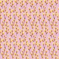 Seamless watercolor pattern with yellow buds on willow branches on pink color background. Vintage style. Botany pattern Royalty Free Stock Photo