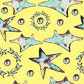 Seamless watercolor pattern on yellow. Cartoon character, comets, planets, space stars, galaxy.