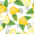 Seamless watercolor pears pattern. Vector yellow fruit background