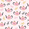 Seamless watercolor pink teapot pattern. Vector tea background