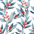 Seamless watercolor realistic pattern with holly leaves and berries.