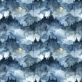 Seamless watercolor pattern featuring misty mountainous landscapes under a night sky. Royalty Free Stock Photo