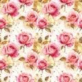Seamless watercolor pattern featuring pink roses with green leaves, set against a background Royalty Free Stock Photo