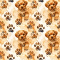 Seamless pattern with watercolor illustrations of fluffy puppies and paw prints. Royalty Free Stock Photo