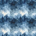 Blue watercolor seamless pattern featuring abstract clouds and silhouettes of pine trees. Royalty Free Stock Photo