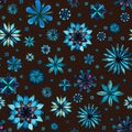 Seamless watercolor romantic mandala abstract flowers teal blue floral pattern on brown background. Bright watercolour